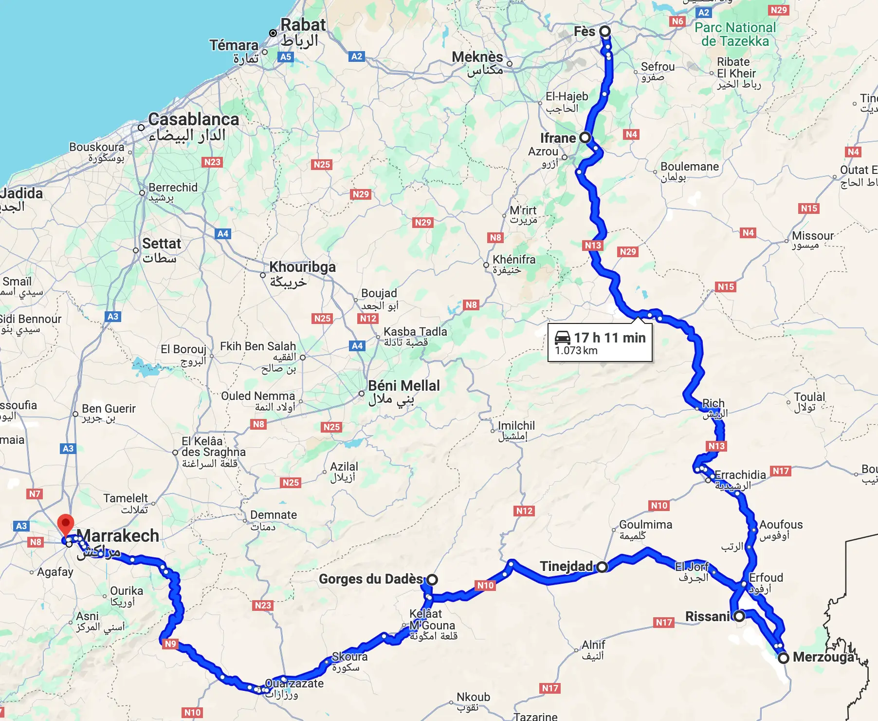Fes to Marrakech Desert Tour 3 Days via Merzouga - Map